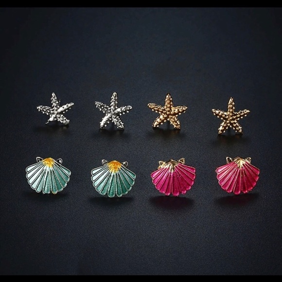Starfish & Shell Studs Set of 4 - Picture 2 of 5
